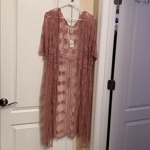 Long Mauve Lace Tie Front Cardigan